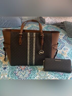 Michael Kors Brown Monogram Tote with Wallet - Signature Stripe